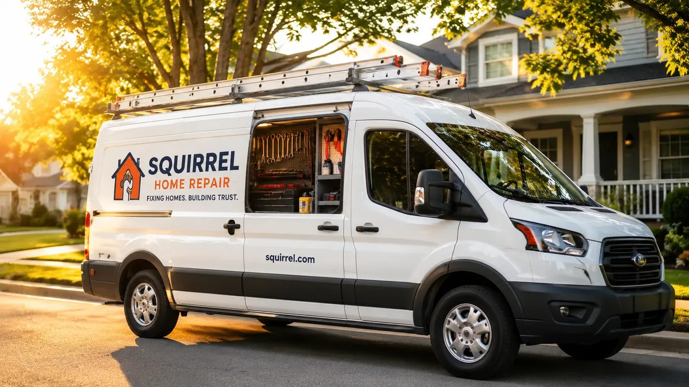 Squirrel branded repair van on a suburban street